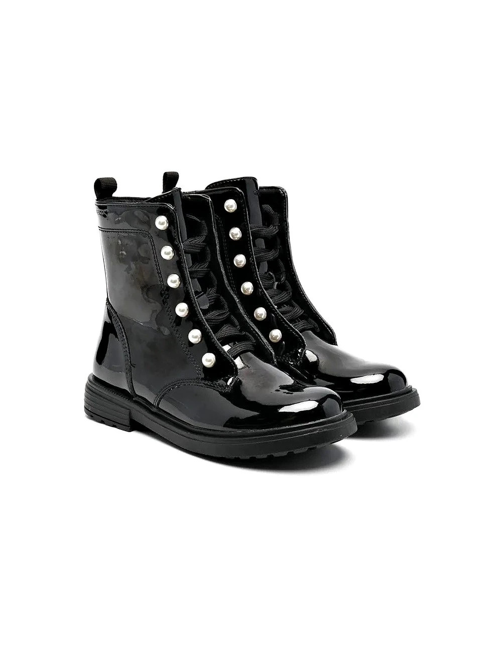 Geox Italian Girls Faux Patent Leather Pearl Boots Black